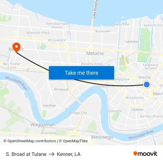 S. Broad at Tulane to Kenner, LA map