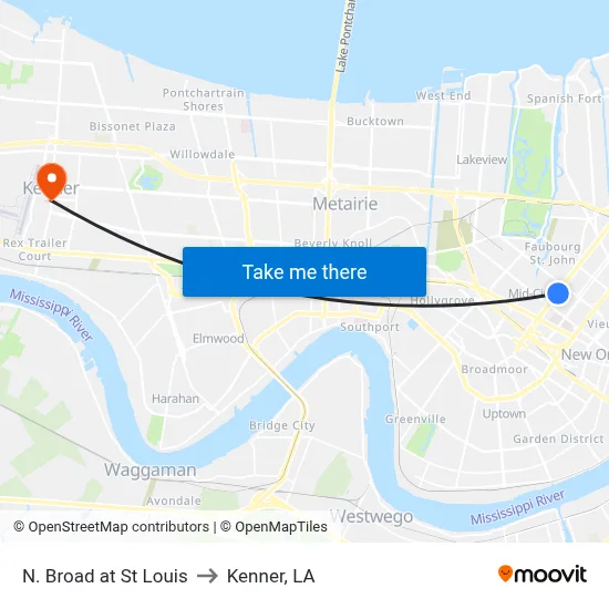 N. Broad at St Louis to Kenner, LA map