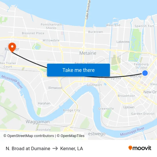 N. Broad at Dumaine to Kenner, LA map