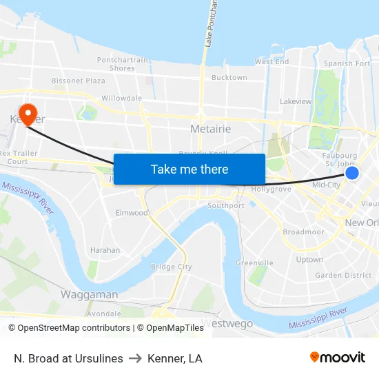N. Broad at Ursulines to Kenner, LA map