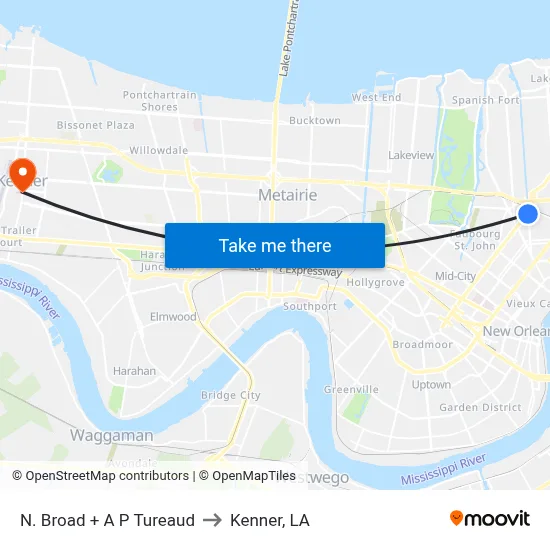 N. Broad + A P Tureaud to Kenner, LA map