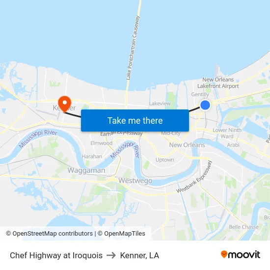 Chef Highway at Iroquois to Kenner, LA map