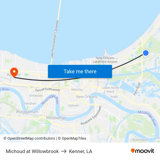 Michoud at Willowbrook to Kenner, LA map