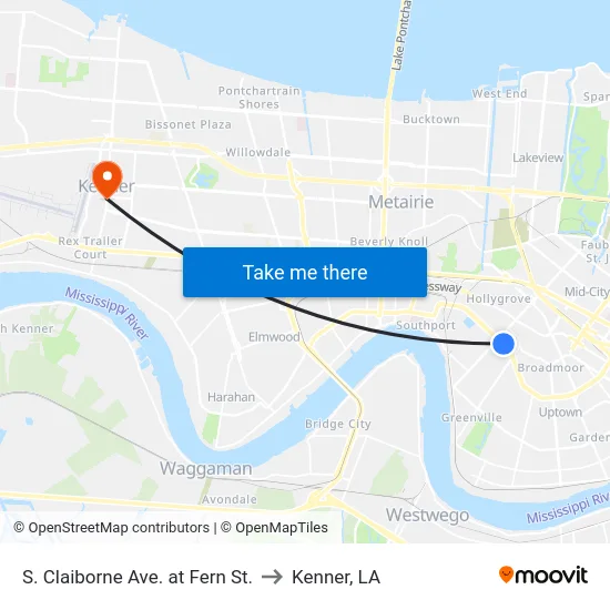 S. Claiborne Ave. at Fern St. to Kenner, LA map