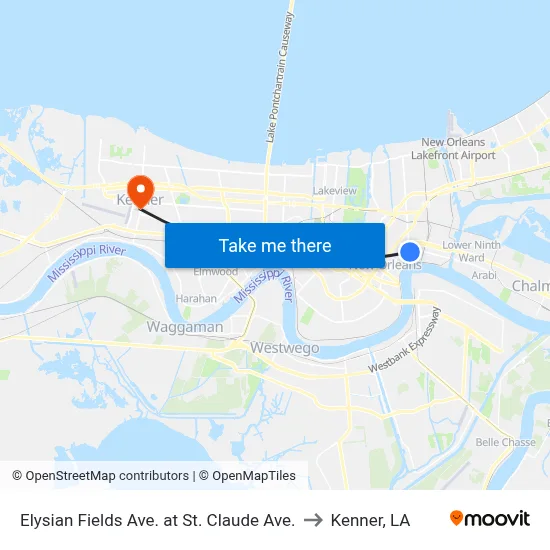 Elysian Fields Ave. at St. Claude Ave. to Kenner, LA map