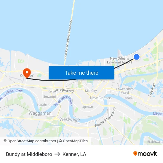 Bundy at Middleboro to Kenner, LA map