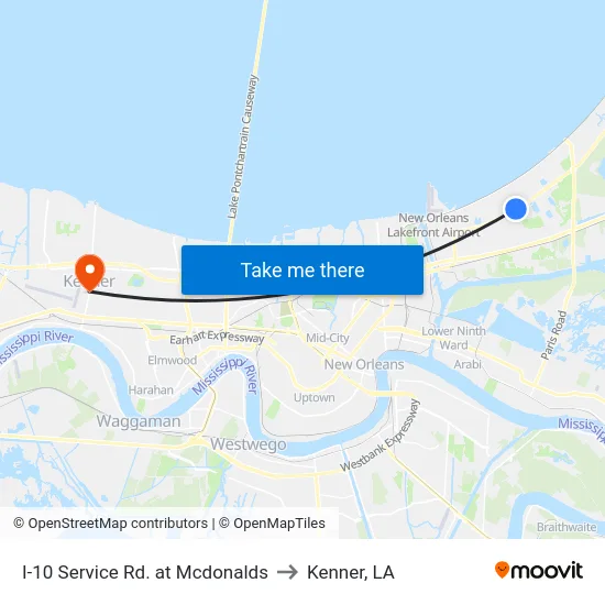 I-10 Service Rd. at Mcdonalds to Kenner, LA map