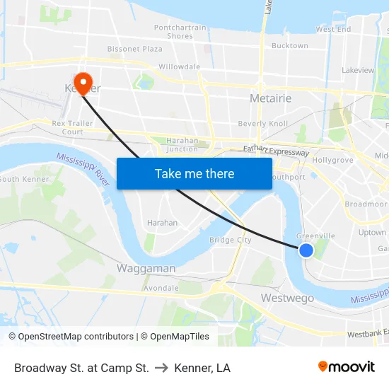 Broadway St. at Camp St. to Kenner, LA map