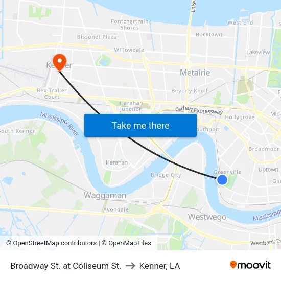 Broadway St. at Coliseum St. to Kenner, LA map