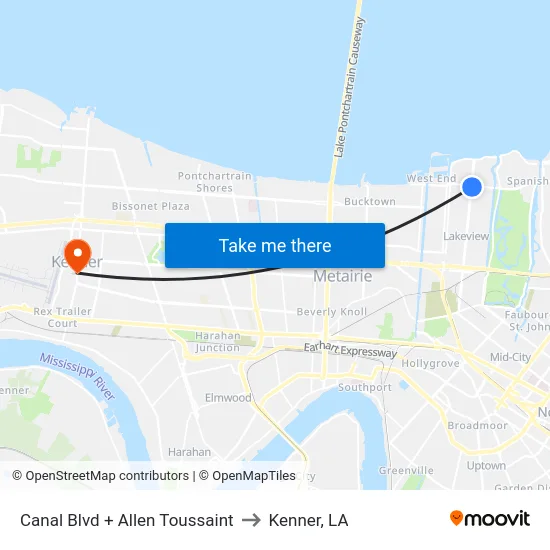 Canal Blvd + Allen Toussaint to Kenner, LA map