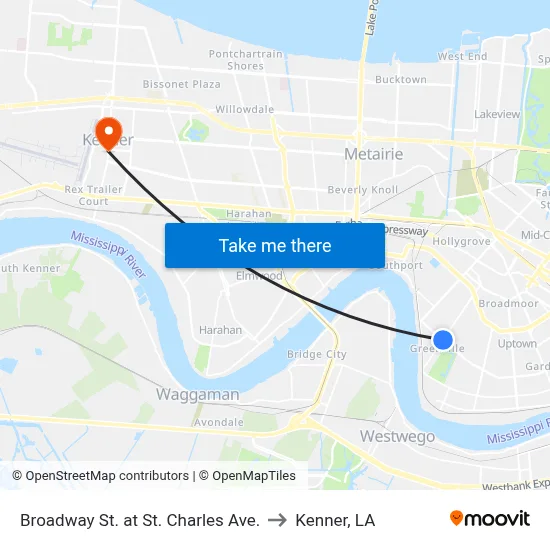 Broadway St. at St. Charles Ave. to Kenner, LA map