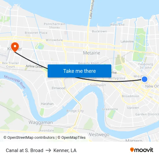 Canal at S. Broad to Kenner, LA map