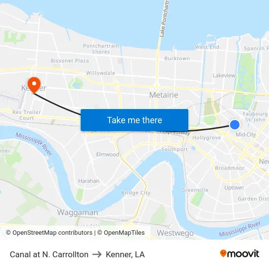 Canal at N. Carrollton to Kenner, LA map