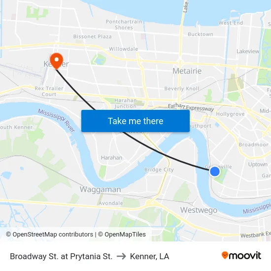 Broadway St. at Prytania St. to Kenner, LA map