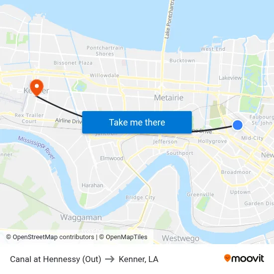 Canal at Hennessy (Out) to Kenner, LA map