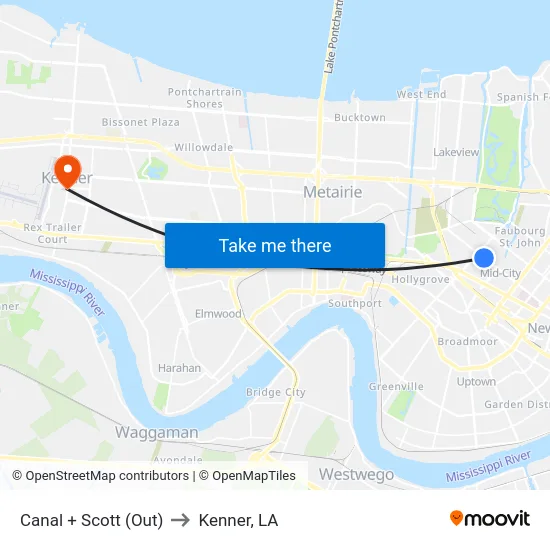 Canal + Scott (Out) to Kenner, LA map