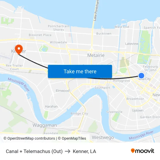 Canal + Telemachus (Out) to Kenner, LA map