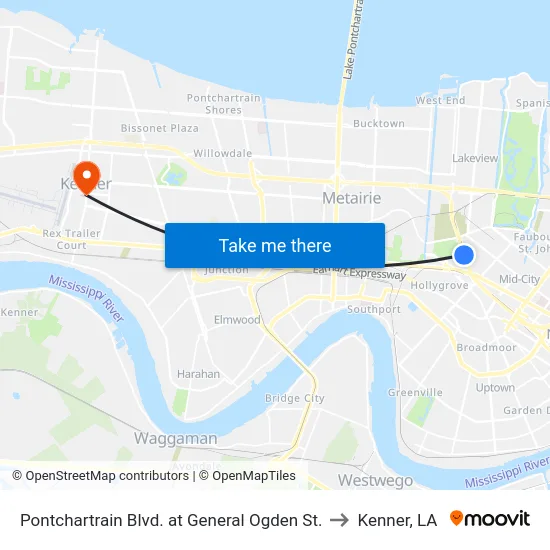 Pontchartrain Blvd. at General Ogden St. to Kenner, LA map