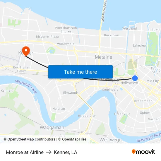 Monroe at Airline to Kenner, LA map