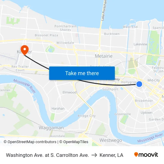 Washington Ave. at S. Carrollton Ave. to Kenner, LA map