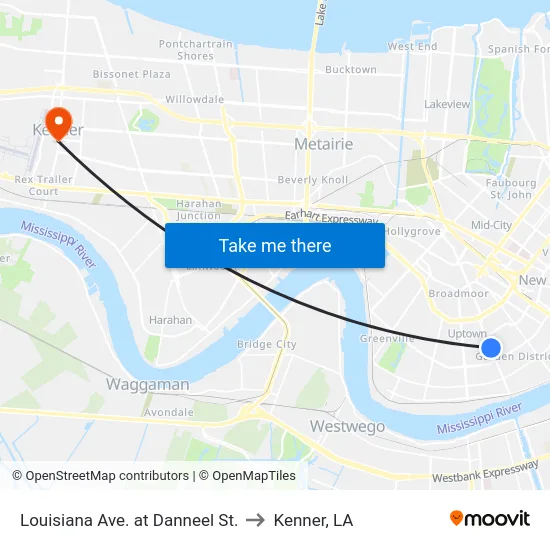 Louisiana Ave. at Danneel St. to Kenner, LA map