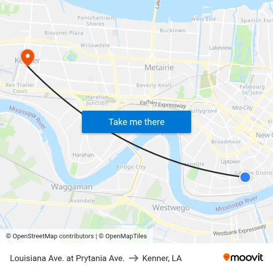 Louisiana Ave. at Prytania Ave. to Kenner, LA map