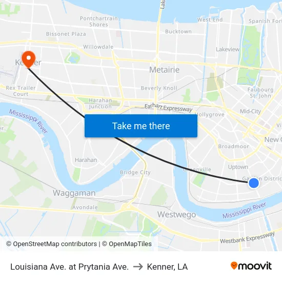Louisiana Ave. at Prytania Ave. to Kenner, LA map