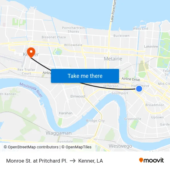 Monroe St. at Pritchard Pl. to Kenner, LA map