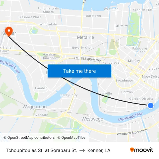 Tchoupitoulas St. at Soraparu St. to Kenner, LA map