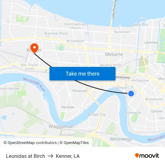 Leonidas at Birch to Kenner, LA map