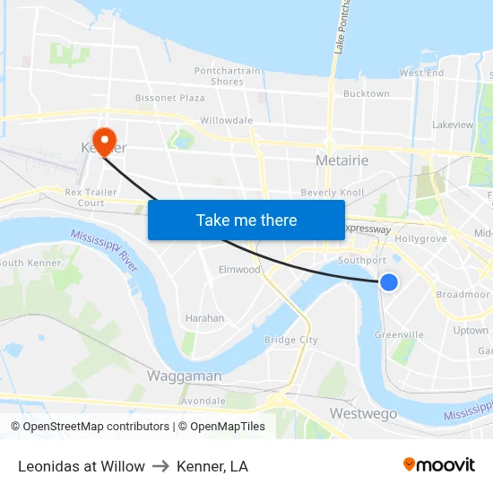 Leonidas at Willow to Kenner, LA map
