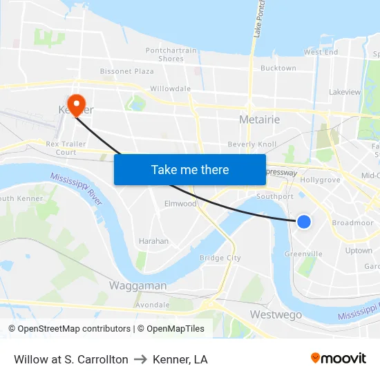 Willow at S. Carrollton to Kenner, LA map