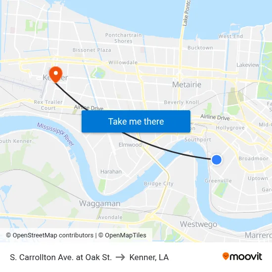 S. Carrollton Ave. at Oak St. to Kenner, LA map