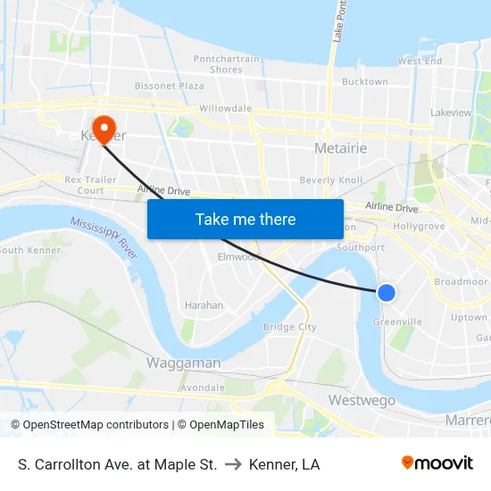 S. Carrollton Ave. at Maple St. to Kenner, LA map