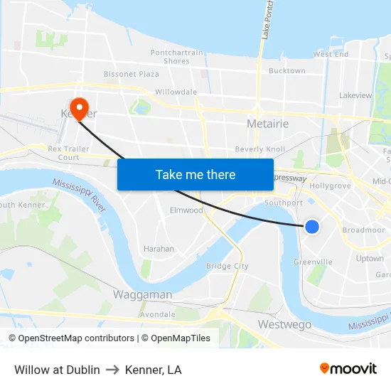 Willow at Dublin to Kenner, LA map