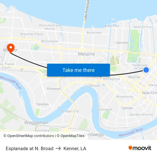Esplanade at N. Broad to Kenner, LA map