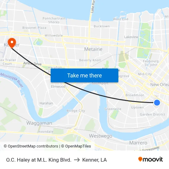 O.C. Haley at M.L. King Blvd. to Kenner, LA map