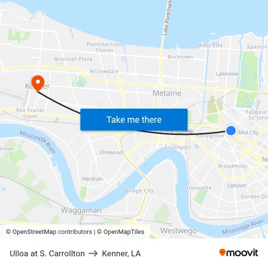 Ulloa at S. Carrollton to Kenner, LA map