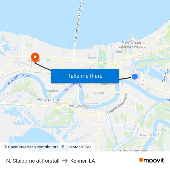N. Claiborne at Forstall to Kenner, LA map