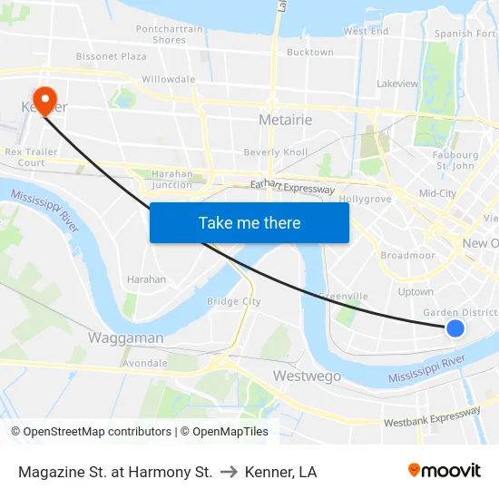 Magazine St. at Harmony St. to Kenner, LA map