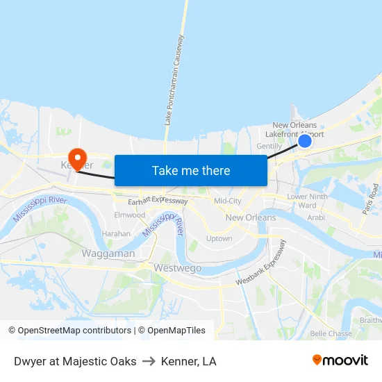 Dwyer at Majestic Oaks to Kenner, LA map