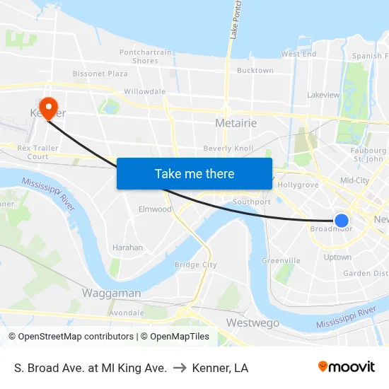 S. Broad Ave. at Ml King Ave. to Kenner, LA map