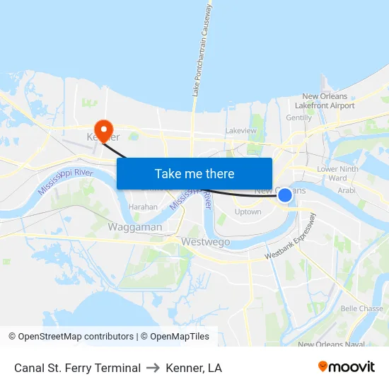 Canal St. Ferry Terminal to Kenner, LA map