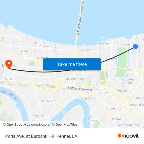 Paris Ave. at Burbank to Kenner, LA map