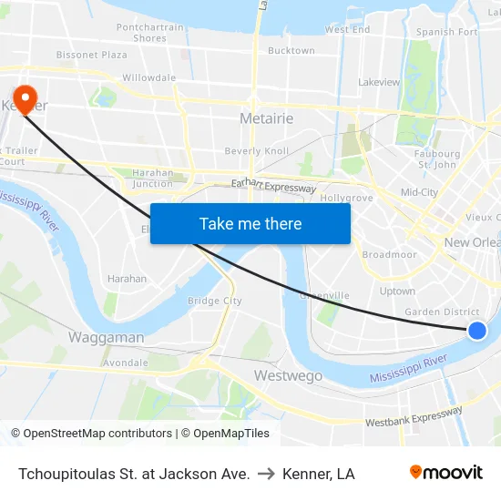 Tchoupitoulas St. at Jackson Ave. to Kenner, LA map