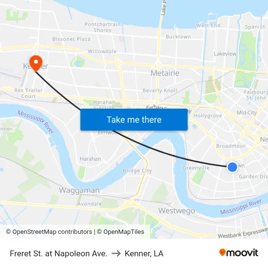 Freret St. at Napoleon Ave. to Kenner, LA map