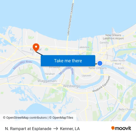 N. Rampart at Esplanade to Kenner, LA map