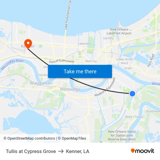 Tullis at Cypress Grove to Kenner, LA map