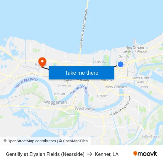 Gentilly at Elysian Fields (Nearside) to Kenner, LA map