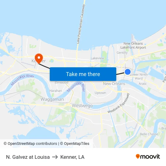 N. Galvez at Louisa to Kenner, LA map